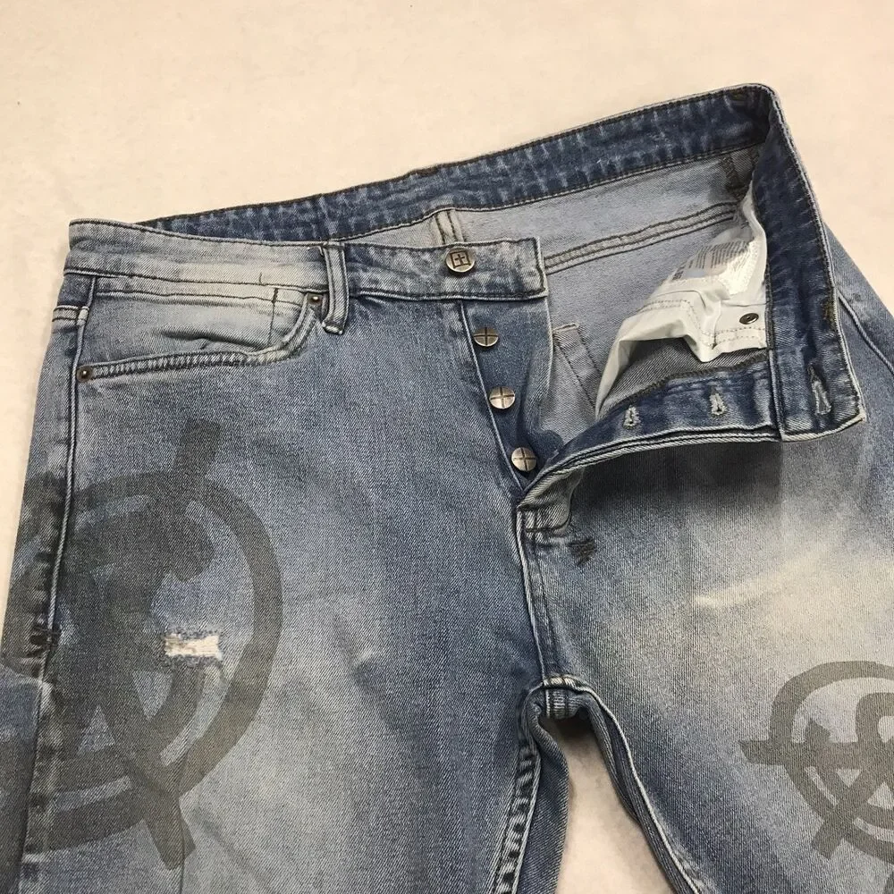 KSUBI Van Winkle Dollar Print Jeans Men 33x32 Light Wash Distressed Stretch Slim